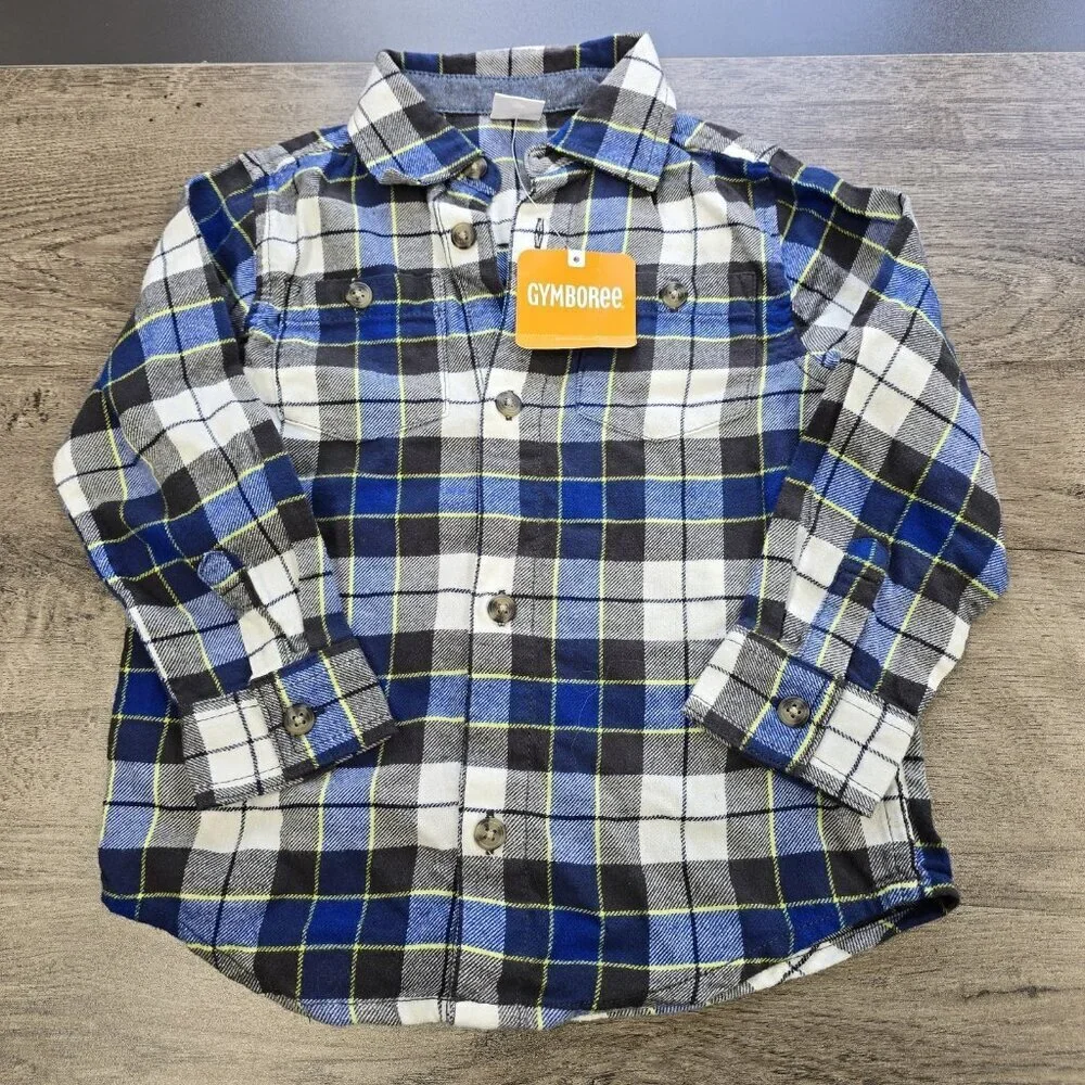 NWT Gymboree Flannel Button Up Shirt Boys Size 3T Plaid Grid Pattern Blue Gray